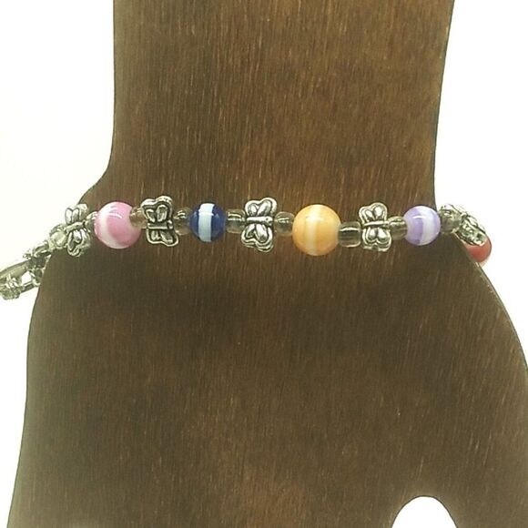 Colorful Rainbow Glass Beaded Toggle Bracelet-Anklet w Silver-tone Butterflies - Picture 14 of 15